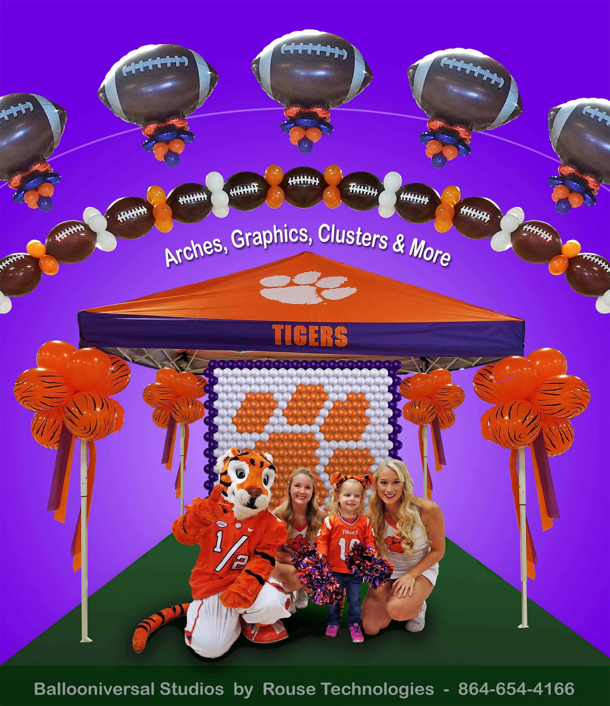 balloon arches, balloon graphics, balloon clusters, tailgate tent